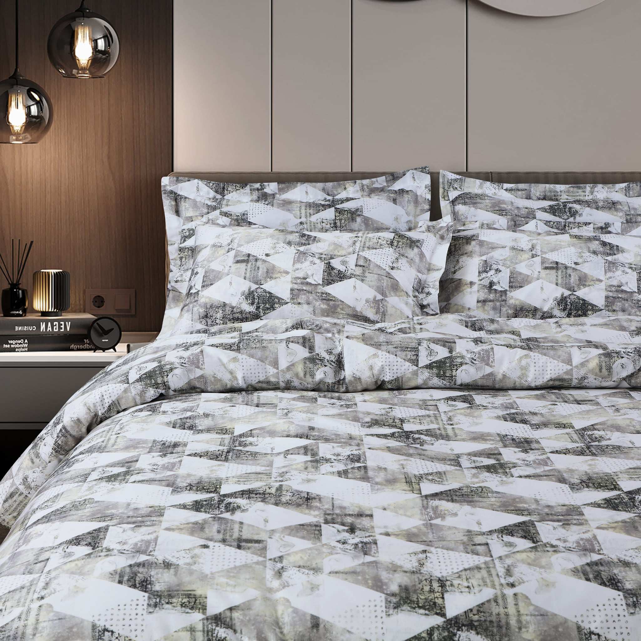 Malako Caèn White & Grey Abstract 400 TC 100% Cotton King Size Bedsheet/Duvet Cover