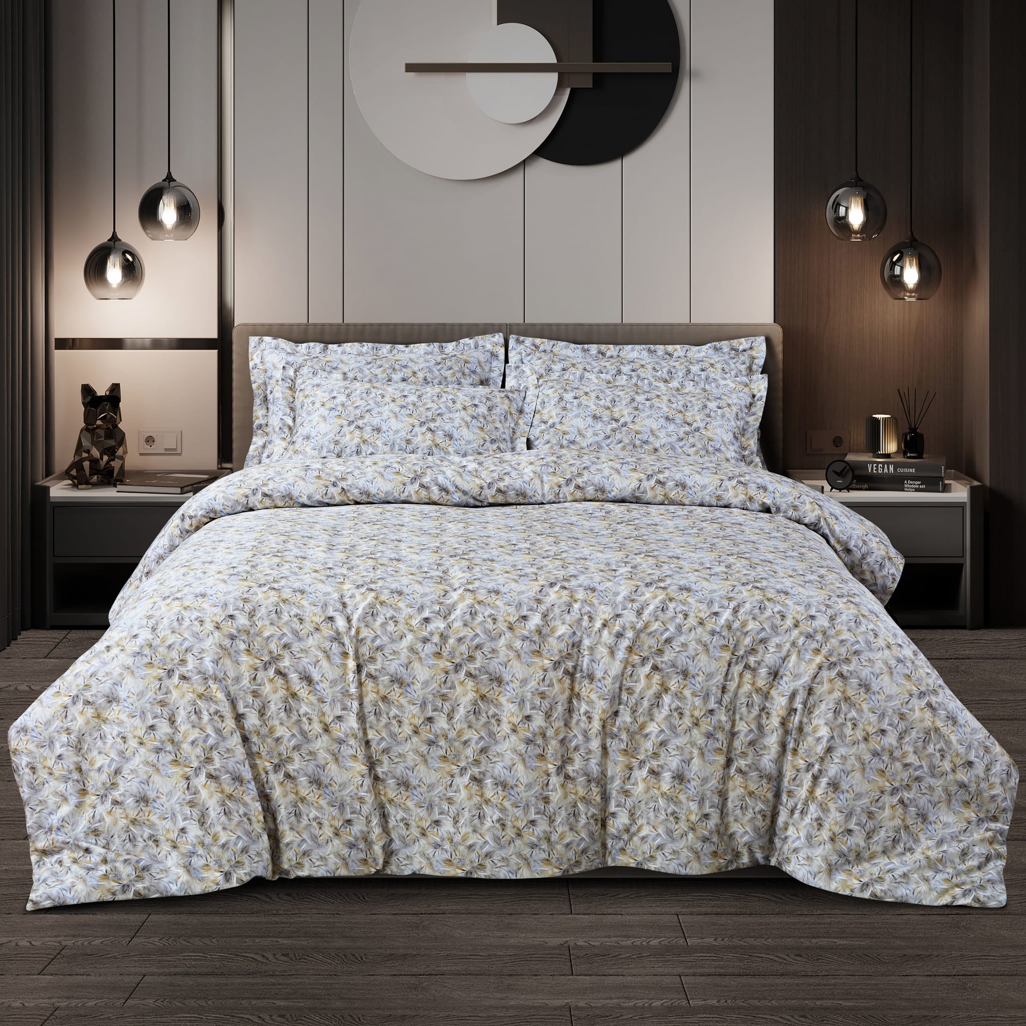 Malako Caèn White & Yellow Abstract 400 TC 100% Cotton King Size Bedsheet/Duvet Cover