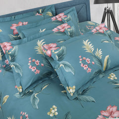 Malako Royale XL Blue Botanic 100% Cotton King Size Bed Sheet/Bedding Set