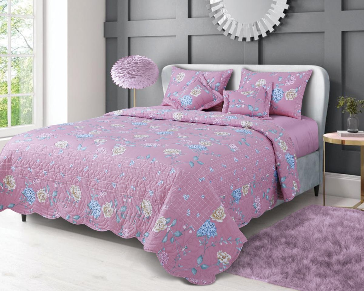 Petal Soft Orchid Quilted Bed Cover - French Rose Pink Floral 100% Cotton King Size Bedspread