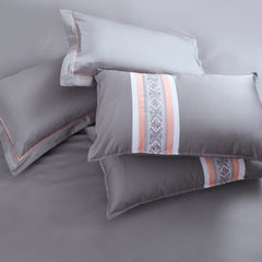 Petal Soft Vivid Embroidered Duvet Cover Set - Grey & Peach 100% Cotton King Size Duvet Set