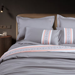 Petal Soft Vivid Embroidered Duvet Cover Set - Grey & Peach 100% Cotton King Size Duvet Set