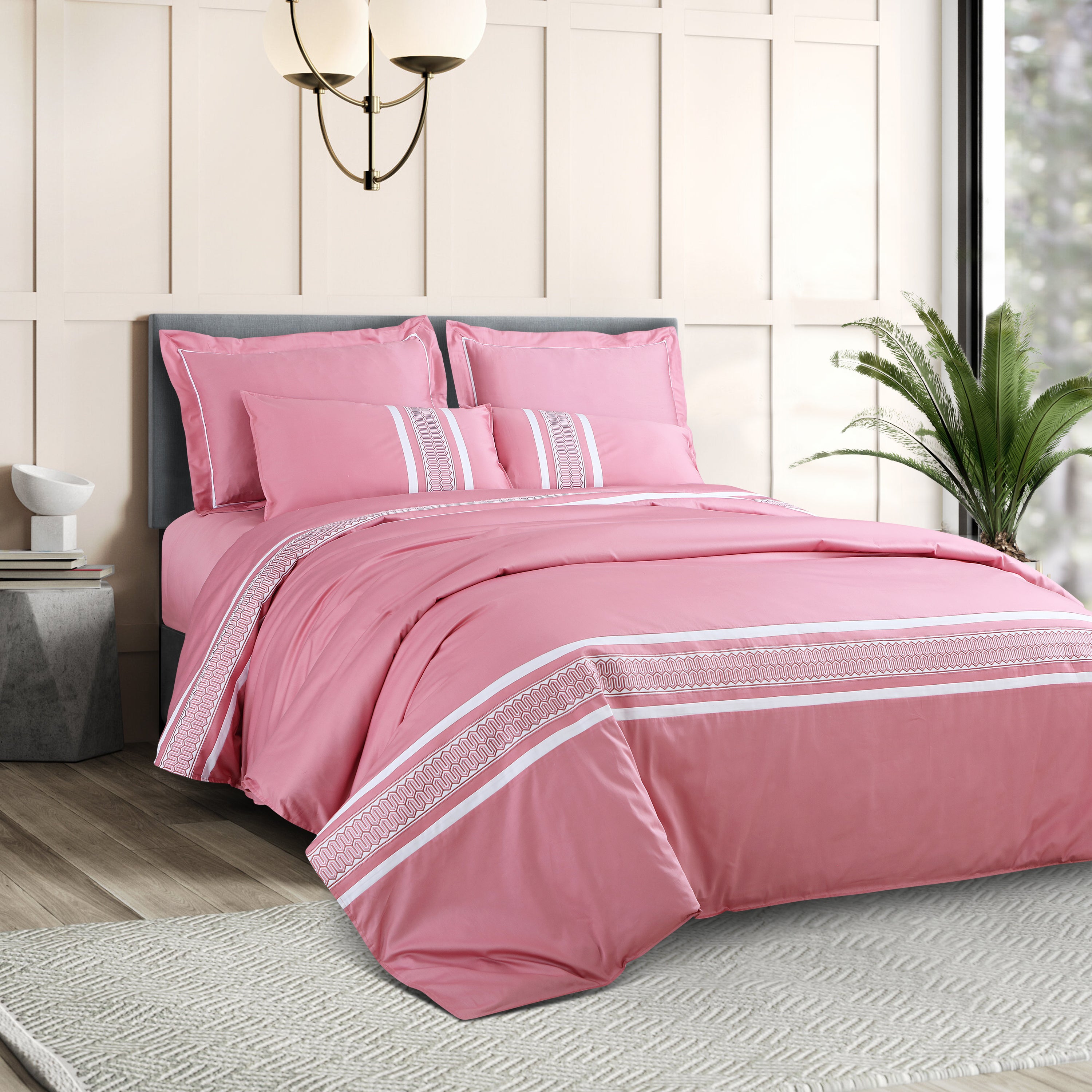 Petal Soft Vivid Embroidered Duvet Cover Set - Pink 100% Cotton King Size Duvet Set