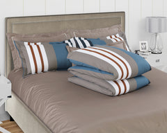Petal Soft Passion Coffee & Blue 100% Cotton King Size Stripes 8/9 Piece Duvet Bedding Set