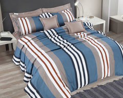 Petal Soft Passion Coffee & Blue 100% Cotton King Size Stripes 8/9 Piece Duvet Bedding Set
