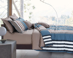 Petal Soft Passion Coffee & Blue 100% Cotton King Size Stripes 8/9 Piece Duvet Bedding Set