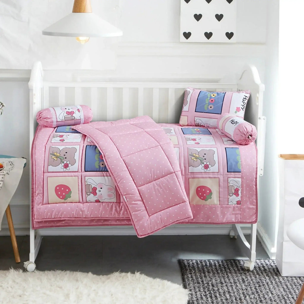 Baby Crib Comforter Set Girl, Pink Fine Cotton Baby Bedding Set