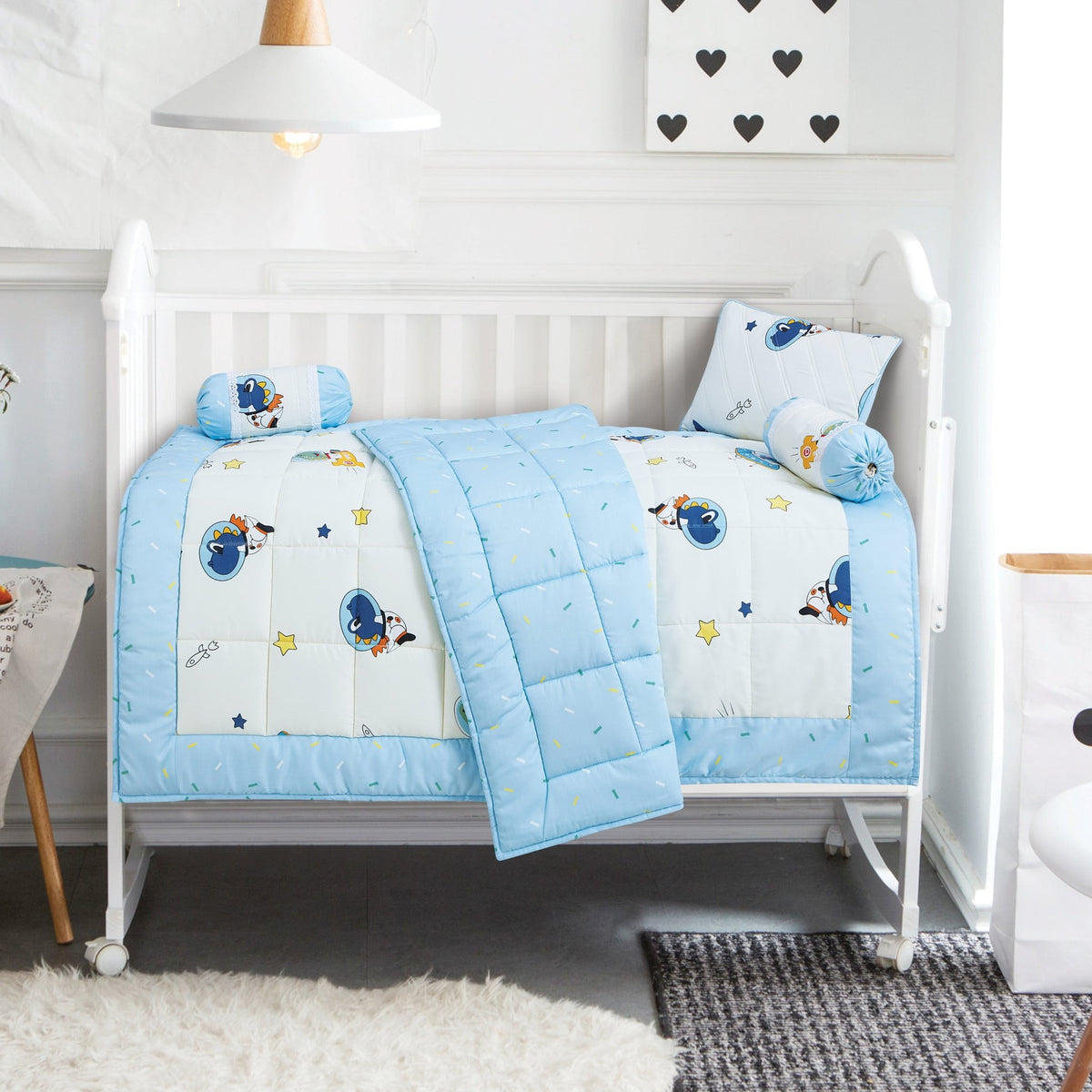White and Blue Cotton Baby Crib Bedding Set with Comforter MALAKO