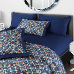 Malako Caèn 500TC 100% Egyptian Cotton Blue Modern Abstract 7 Piece Bedding Set - MALAKO