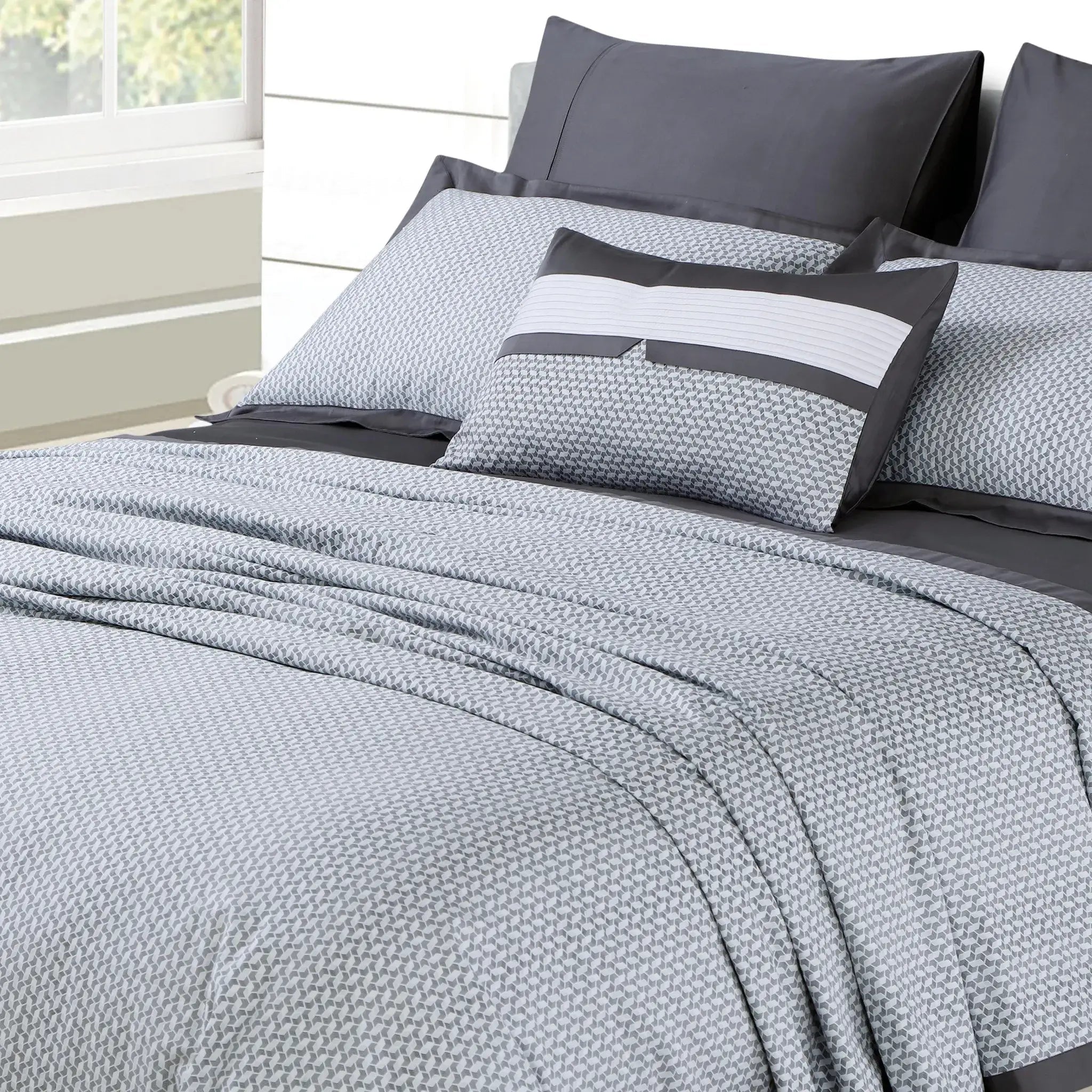 Malako Caèn 500TC 100% Egyptian Cotton Grey Modern Abstract 7 Piece Bedding Set - MALAKO