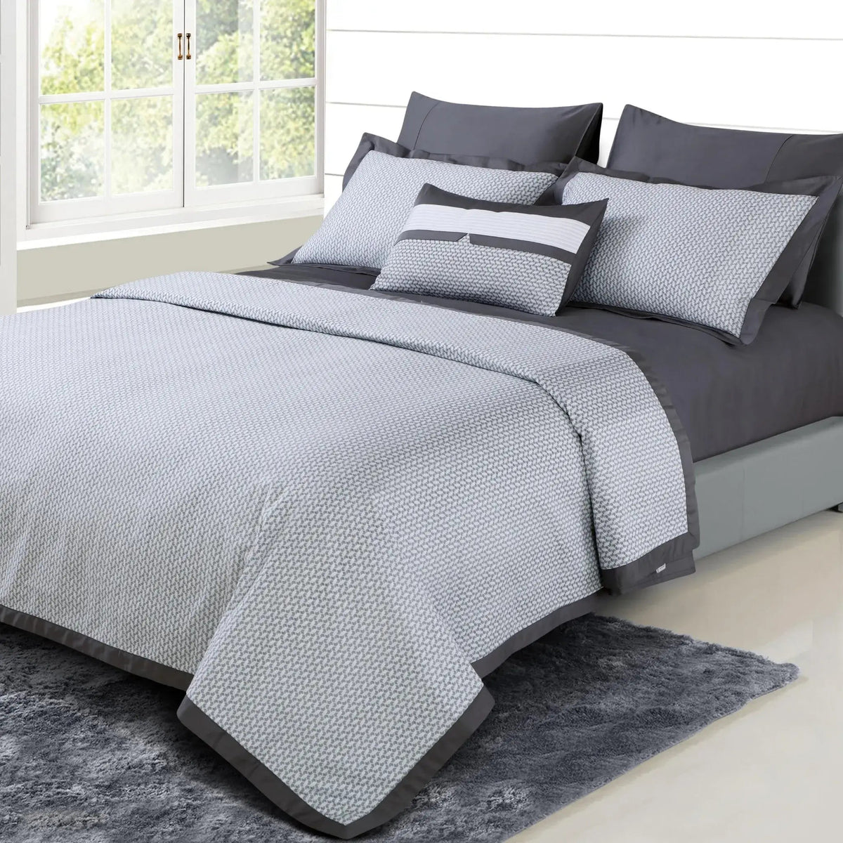 Malako Caèn 500TC 100% Egyptian Cotton Grey Modern Abstract 7 Piece Bedding Set - MALAKO