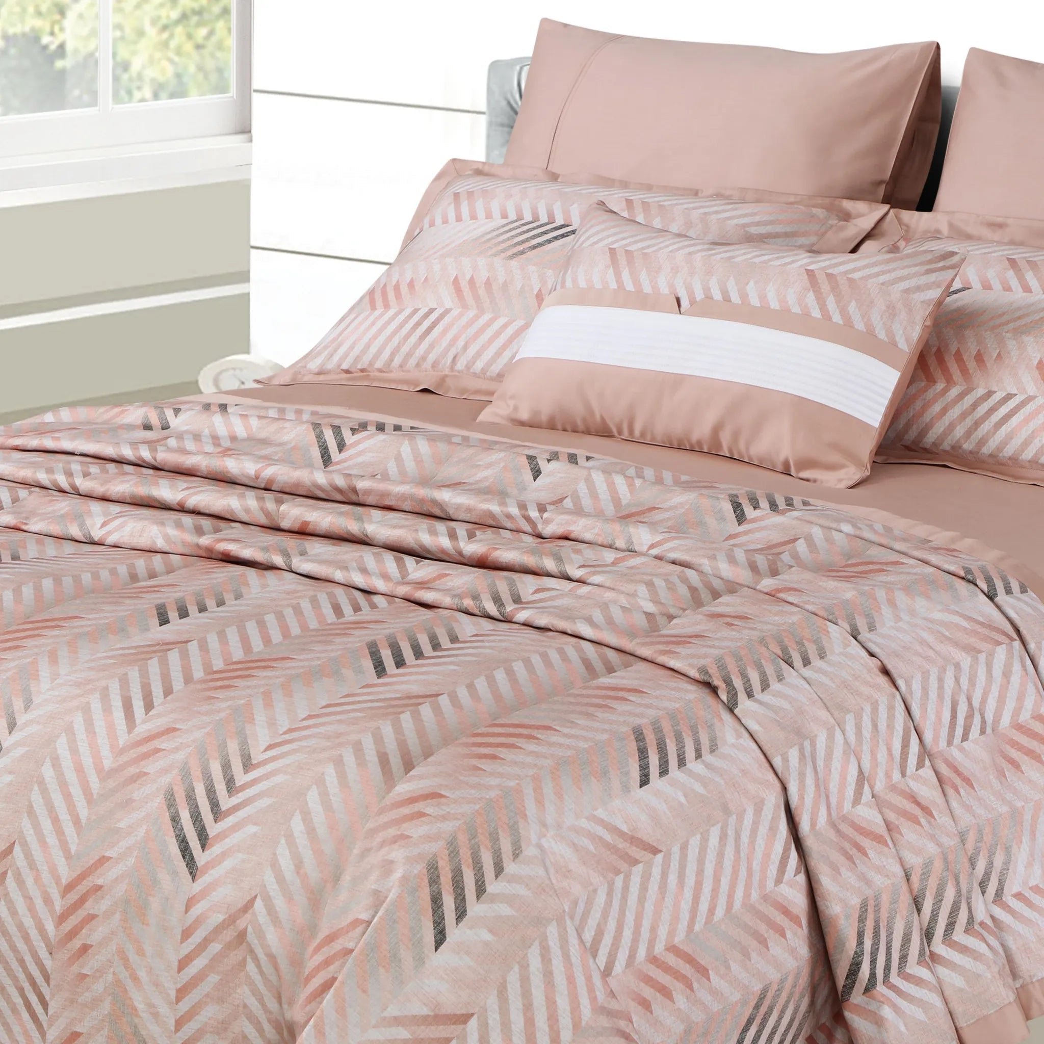 Malako Caèn 500TC 100% Egyptian Cotton Peach Modern Abstract 7 Piece Bedding Set - MALAKO