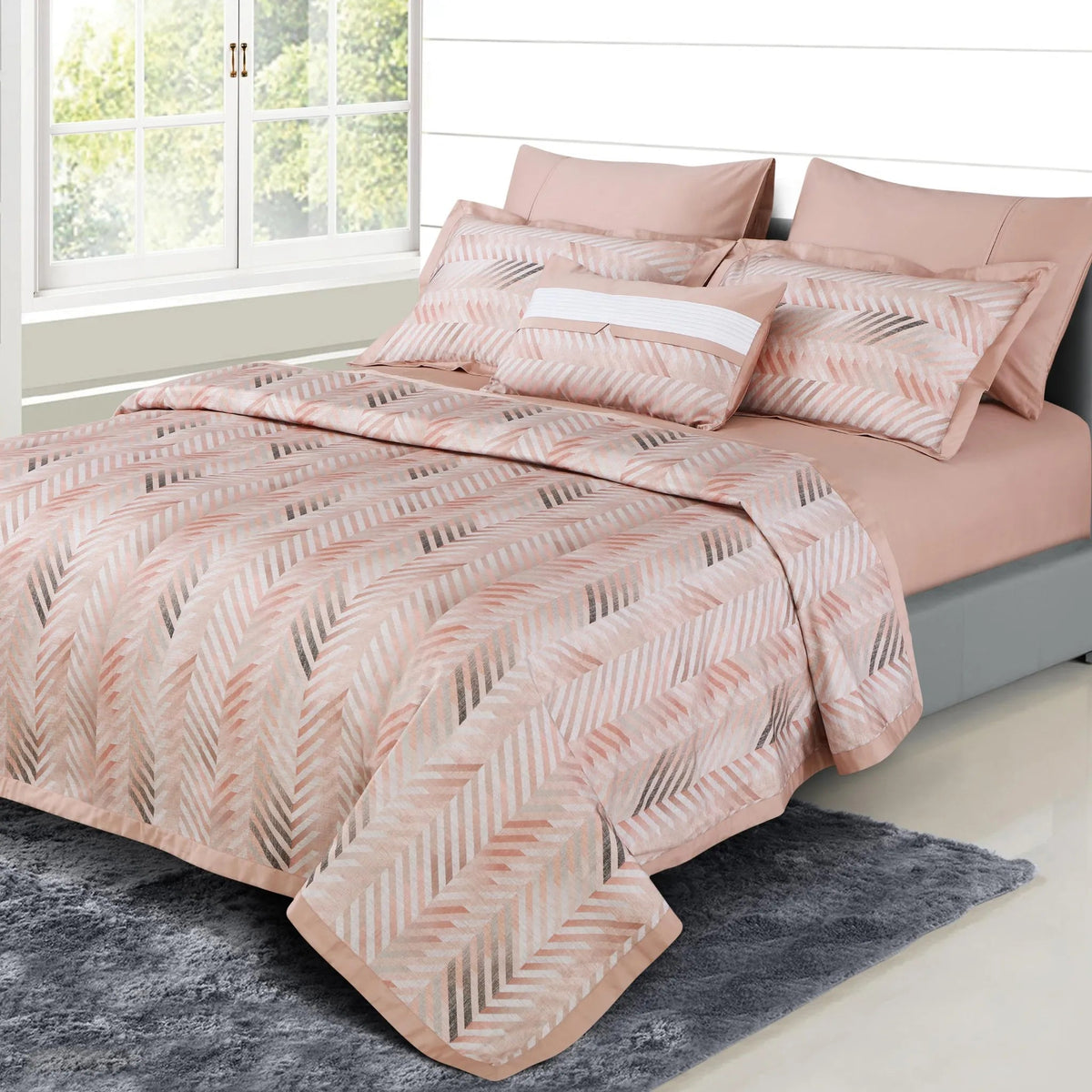 Malako Caèn 500TC 100% Egyptian Cotton Peach Modern Abstract 7 Piece Bedding Set - MALAKO
