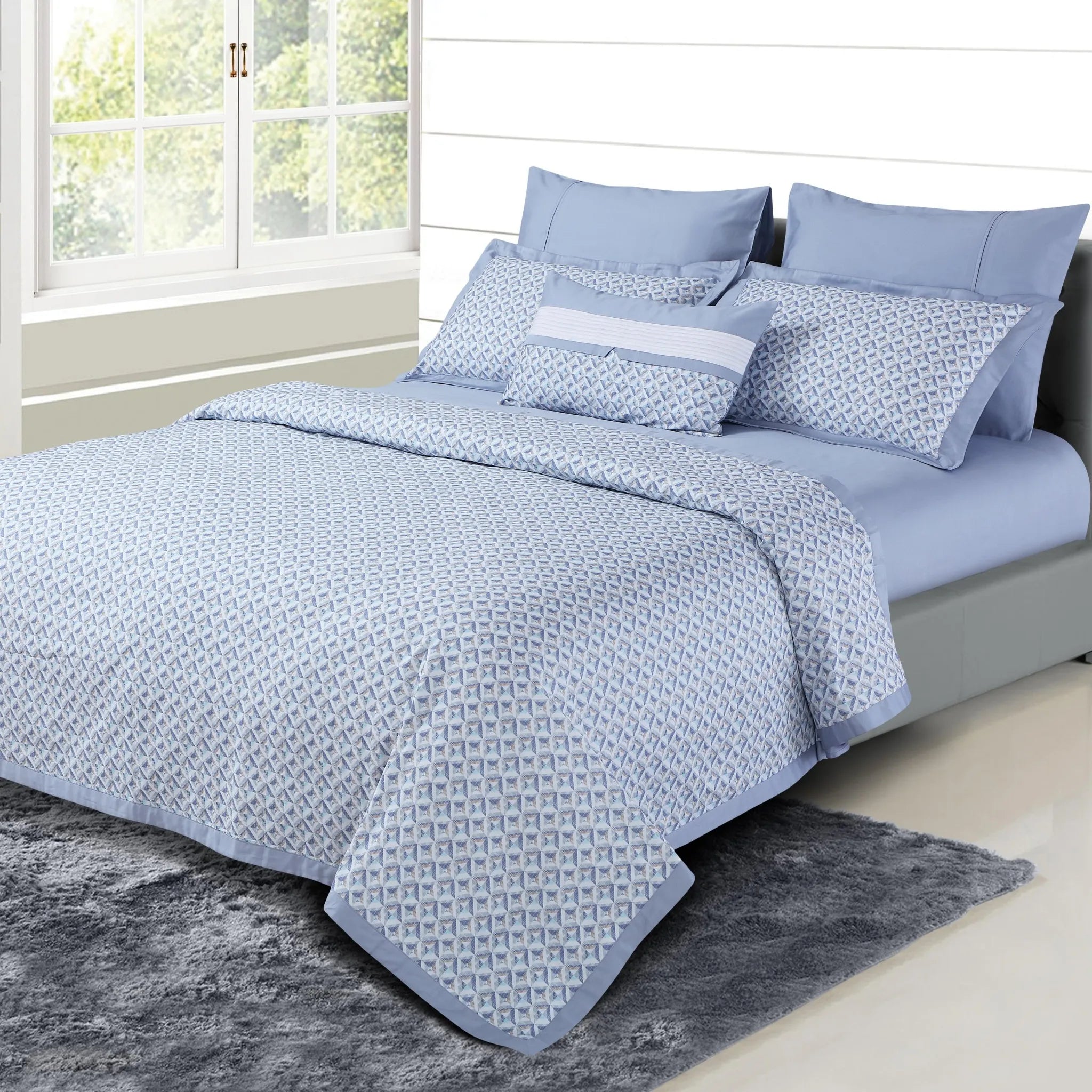 Malako Caèn 500TC 100% Egyptian Cotton Pigeon Blue Modern Abstract 7 Piece Bedding Set - MALAKO