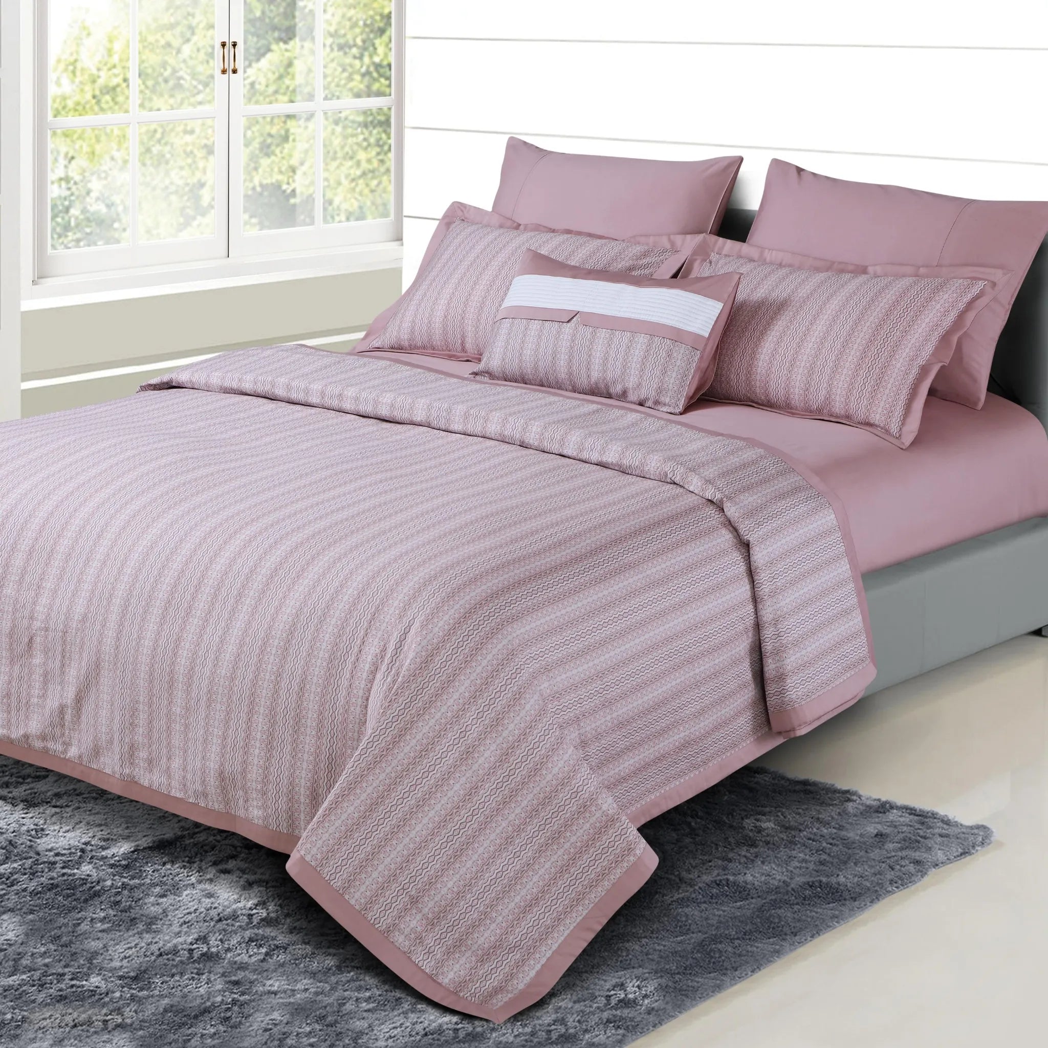 Malako Caèn 500TC 100% Egyptian Cotton Rose Pink Modern Abstract 7 Piece Bedding Set - MALAKO