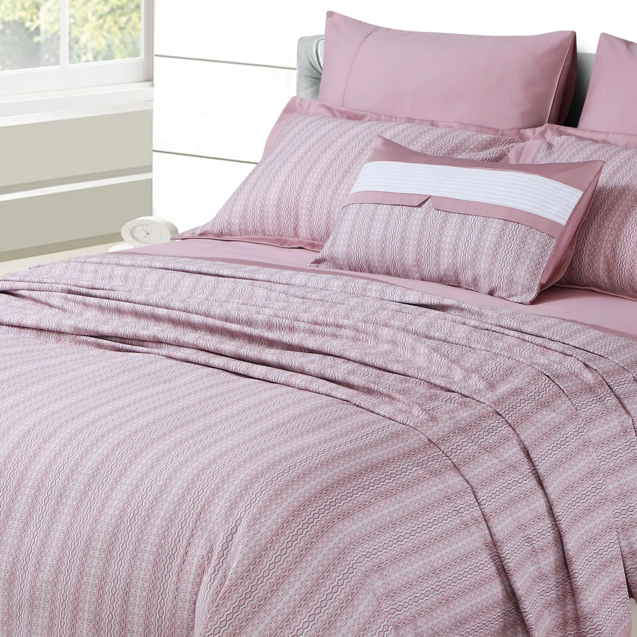 Malako Caèn 500TC 100% Egyptian Cotton Rose Pink Modern Abstract 7 Piece Bedding Set - MALAKO