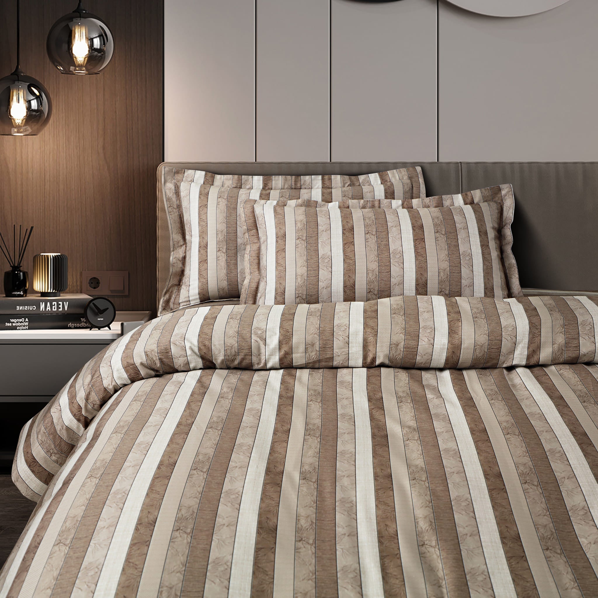 Malako Caèn Bedding Set - Brown Abstract 100% Cotton King Size Bedsheet With Comforter - MALAKO