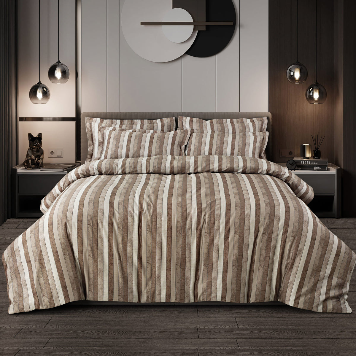 Malako Caèn Bedding Set - Brown Abstract 100% Cotton King Size Bedsheet With Comforter - MALAKO