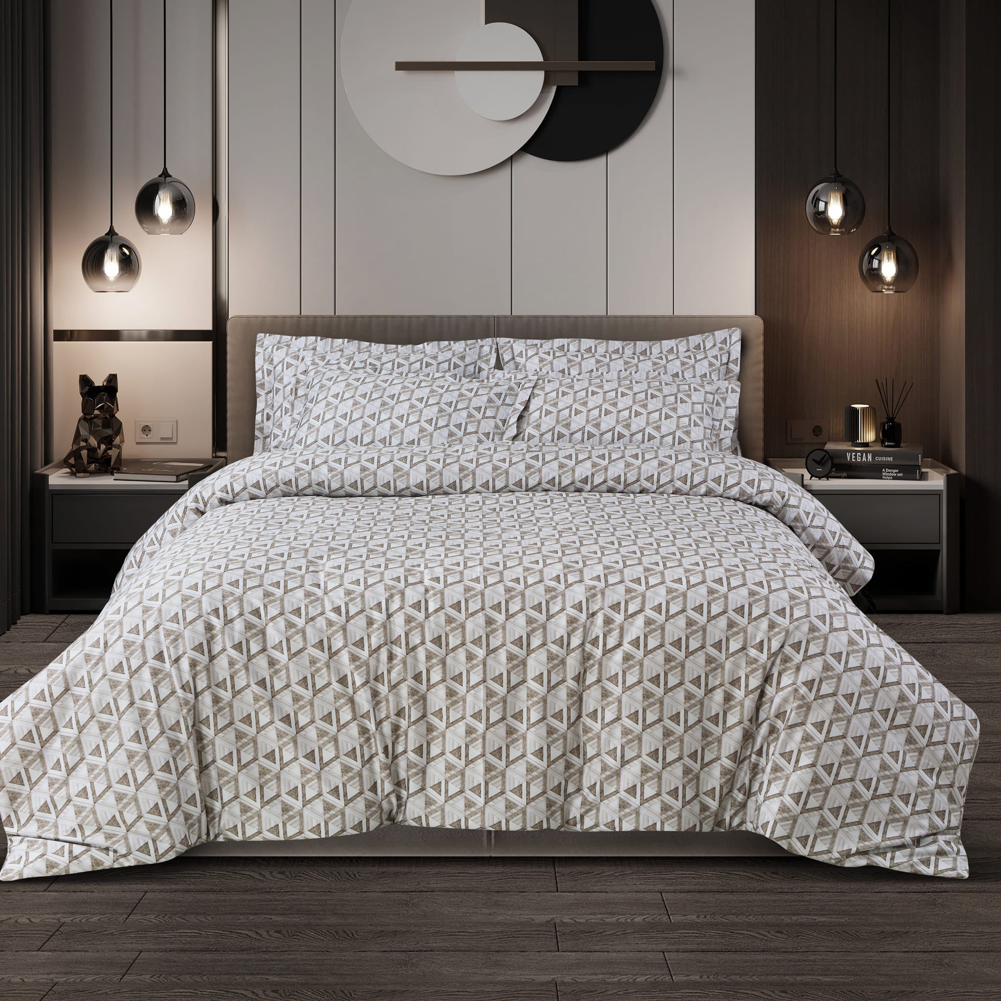 Malako Caèn Bedding Set - White & Beige Abstract 100% Cotton King Size Bedsheet With Comforter - MALAKO