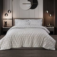 Malako Caèn Bedding Set - White & Beige Abstract 100% Cotton King Size Bedsheet With Comforter - MALAKO