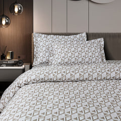 Malako Caèn Bedding Set - White & Beige Abstract 100% Cotton King Size Bedsheet With Comforter - MALAKO