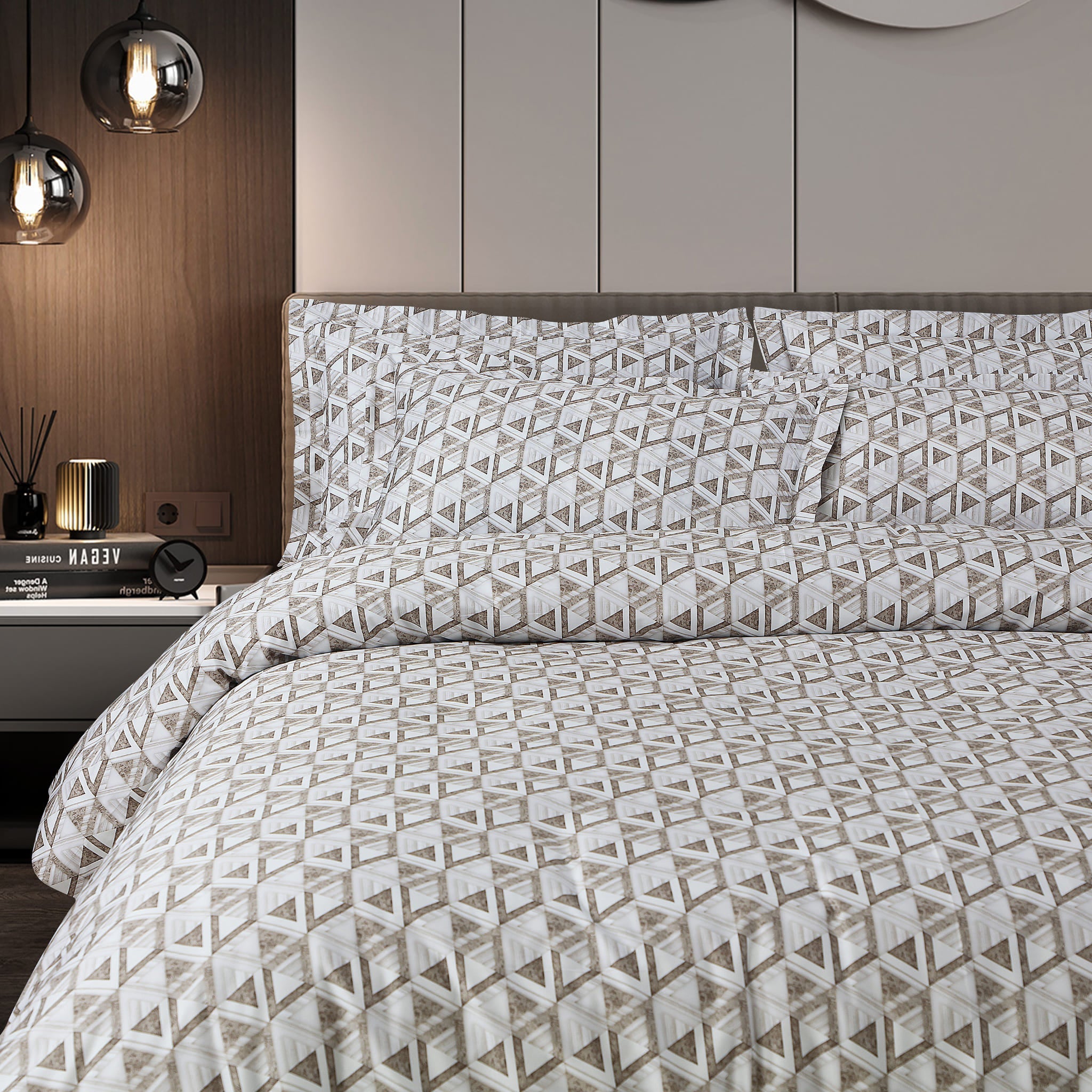 Malako Caèn Bedding Set - White & Beige Abstract 100% Cotton King Size Bedsheet With Comforter - MALAKO