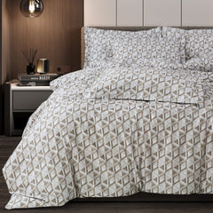Malako Caèn Bedding Set - White & Beige Abstract 100% Cotton King Size Bedsheet With Comforter - MALAKO