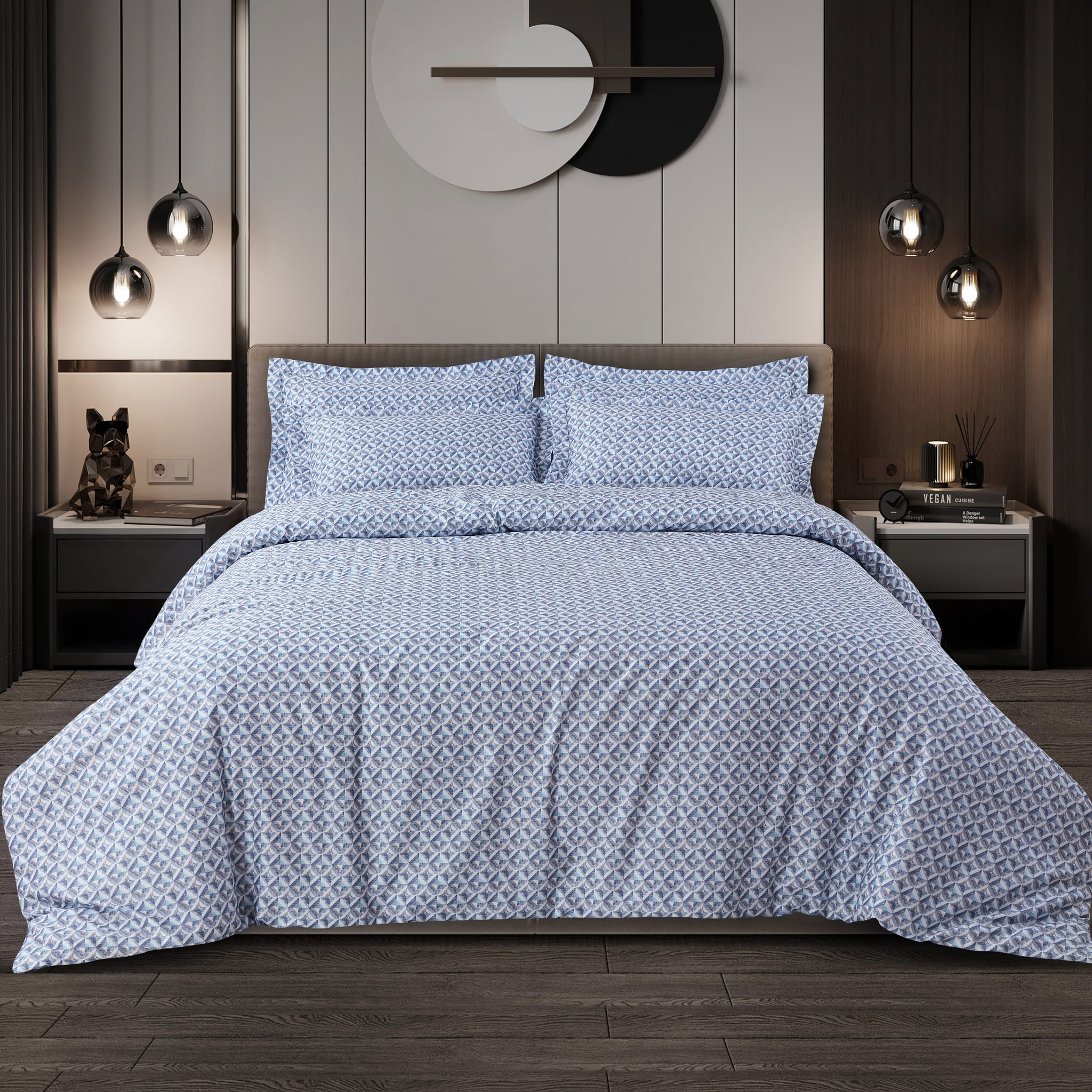 Malako Caèn Blue Abstract 500 TC 100% Cotton King Size Bedsheet/Duvet Cover - MALAKO