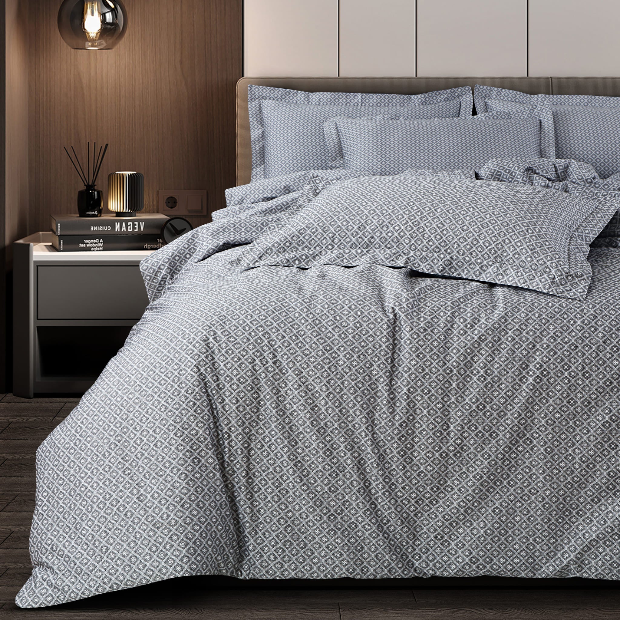 Malako Caèn Grey Abstract 500 TC 100% Cotton King Size Bedsheet/Duvet Cover - MALAKO