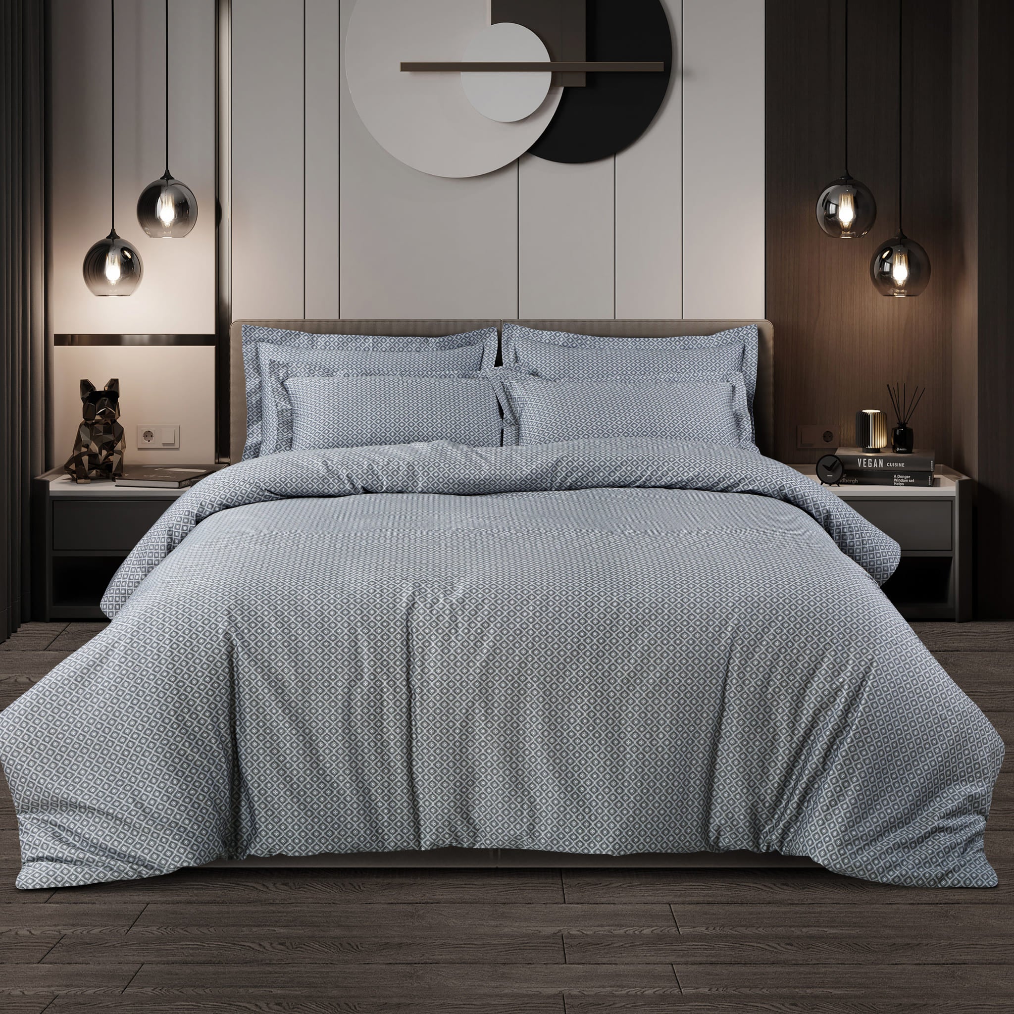 Malako Caèn Grey Abstract 500 TC 100% Cotton King Size Bedsheet/Duvet Cover - MALAKO