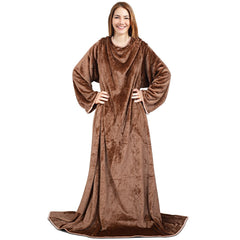 Malako CUDDLZ Chocolate Brown Plush Shaded Wearable AC Blanket With Sleeves - MALAKO