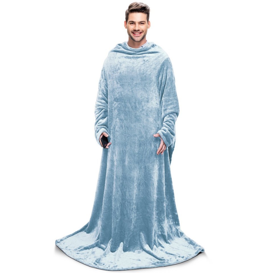 Malako CUDDLZ Sky Blue Plush Shaded Wearable AC Blanket With Sleeves - MALAKO