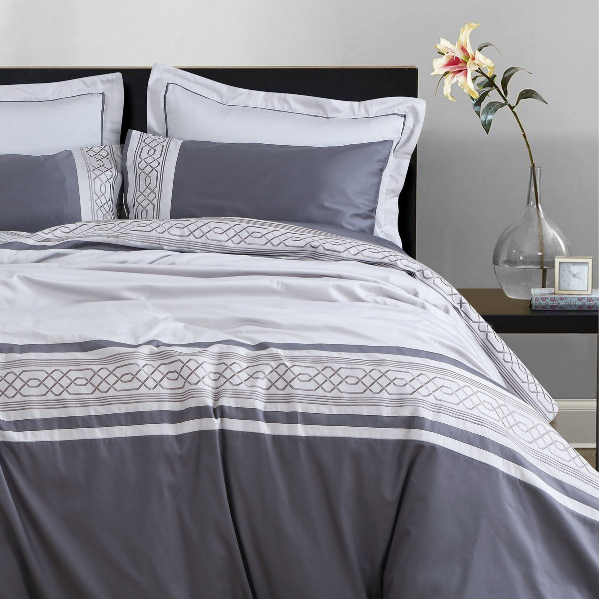 Malako Embroidered Duvet Cover Set - Grey & Silver 100% Cotton King Size Duvet Set - MALAKO