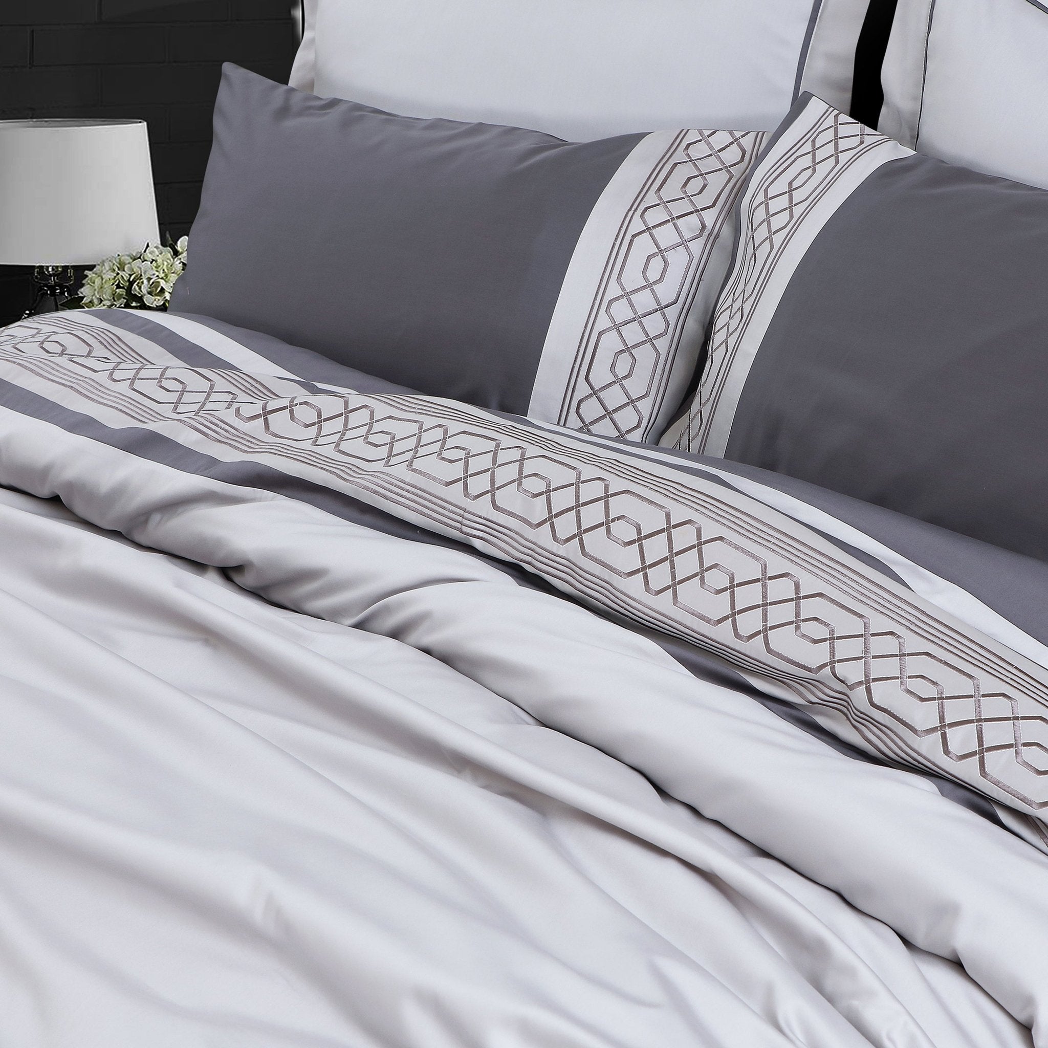 Malako Embroidered Duvet Cover Set - Grey & Silver 100% Cotton King Size Duvet Set - MALAKO