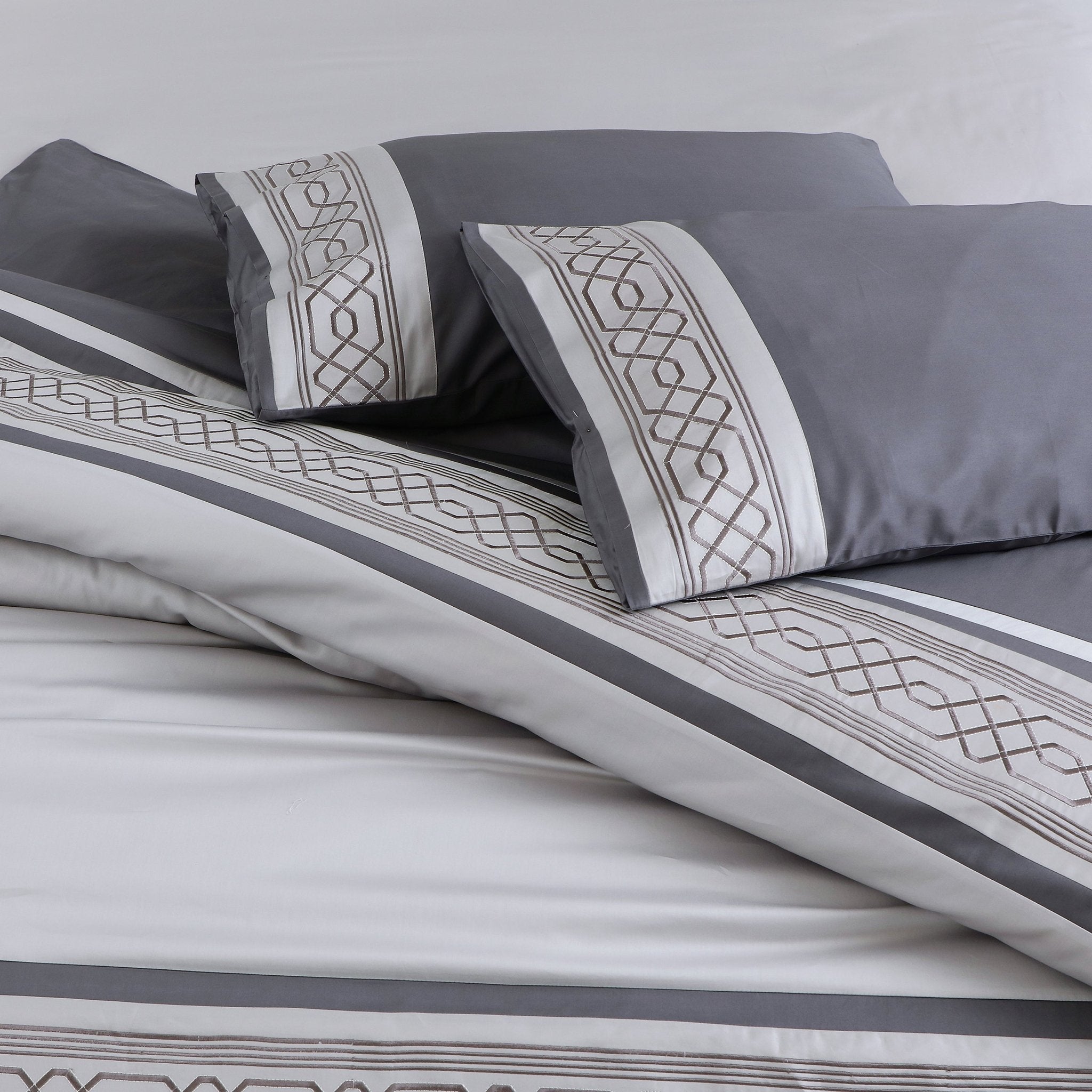 Malako Embroidered Duvet Cover Set - Grey & Silver 100% Cotton King Size Duvet Set - MALAKO