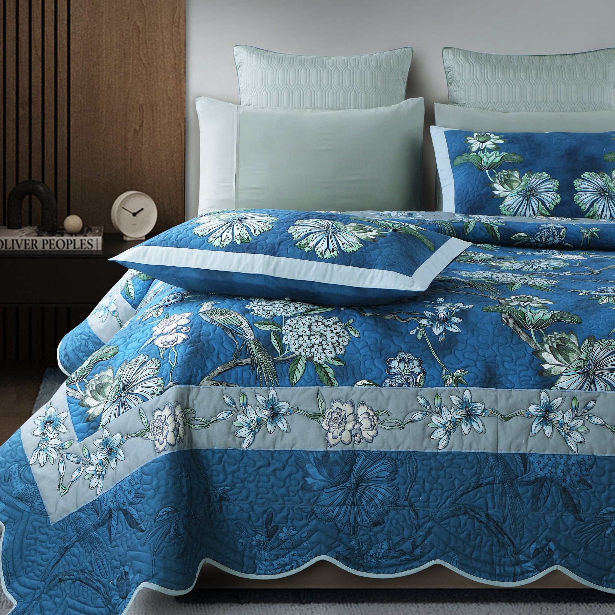 Malako Fleur Botanique Blue King Size 100% Cotton Quilted Bed Cover Set - MALAKO