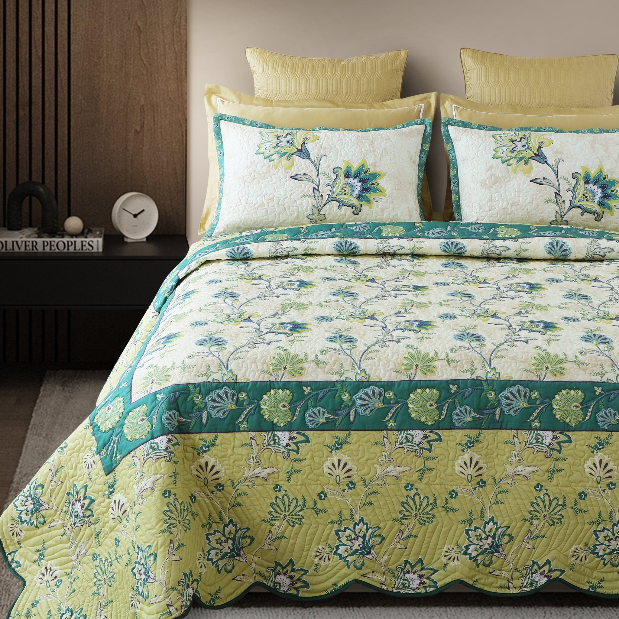 Malako Fleur Botanique Green King Size 100% Cotton Quilted Bed Cover Set - MALAKO