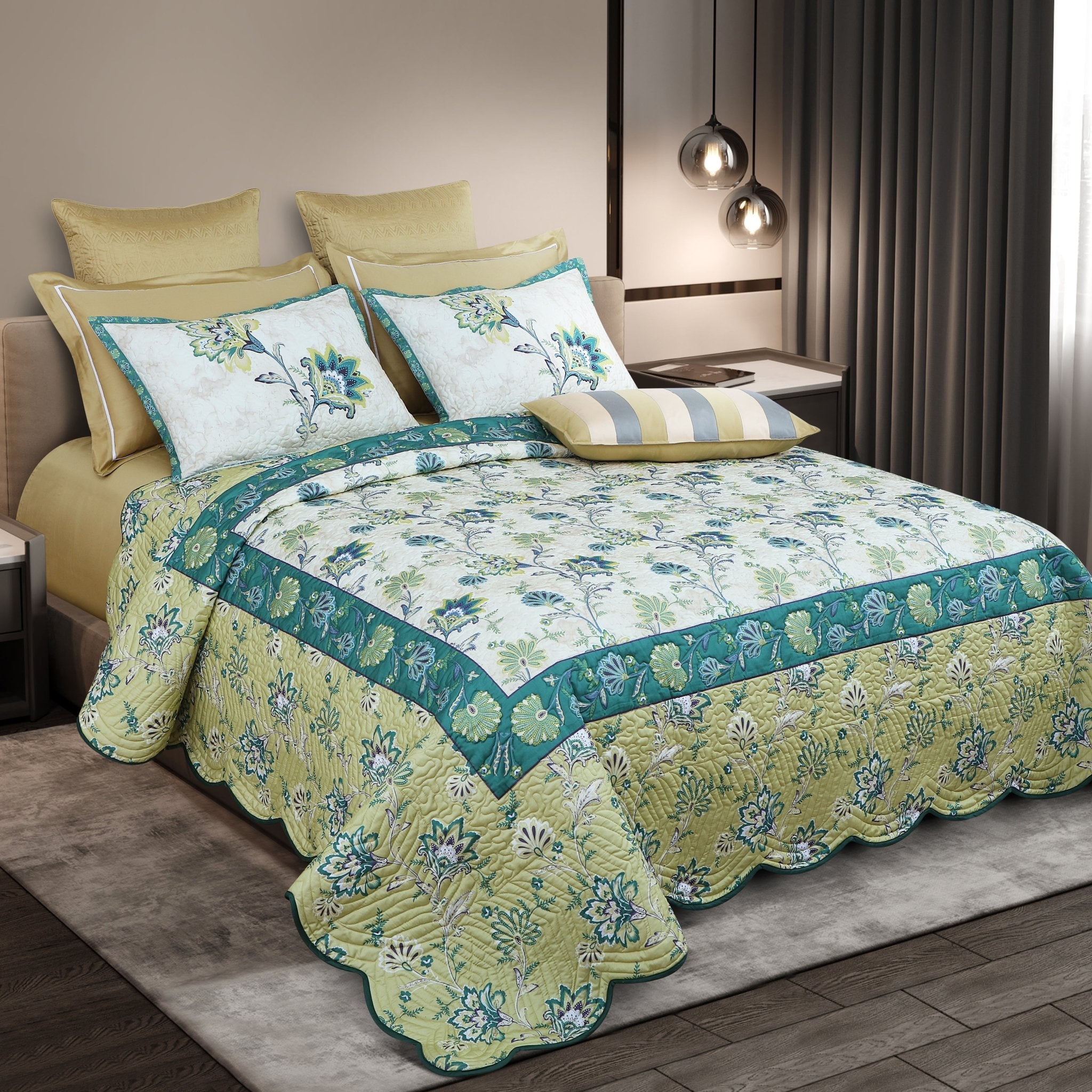 Malako Fleur Botanique Green King Size 100% Cotton Quilted Bed Cover Set - MALAKO