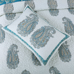 Malako Fleur Botanique White & Blue King Size 100% Cotton Quilted Bed Cover Set - MALAKO