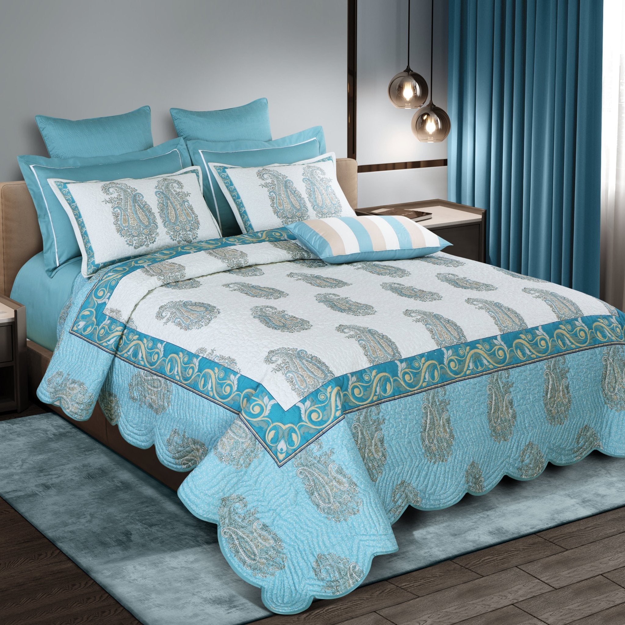 Malako Fleur Botanique White & Blue King Size 100% Cotton Quilted Bed Cover Set - MALAKO