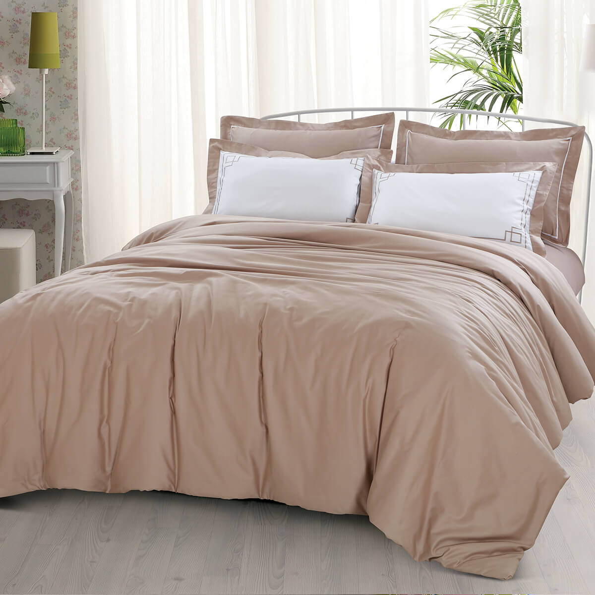 Malako Grace Embroidered Bed Sheet - Beige Solid King Size 100% Cotton Bedsheet With 4 Pillow Covers - MALAKO
