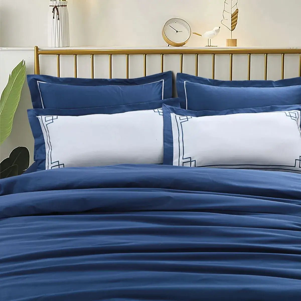 Malako Grace Embroidery Cobalt Blue Solid King Size 100% Cotton Bedsheet With 4 Pillow Covers - MALAKO