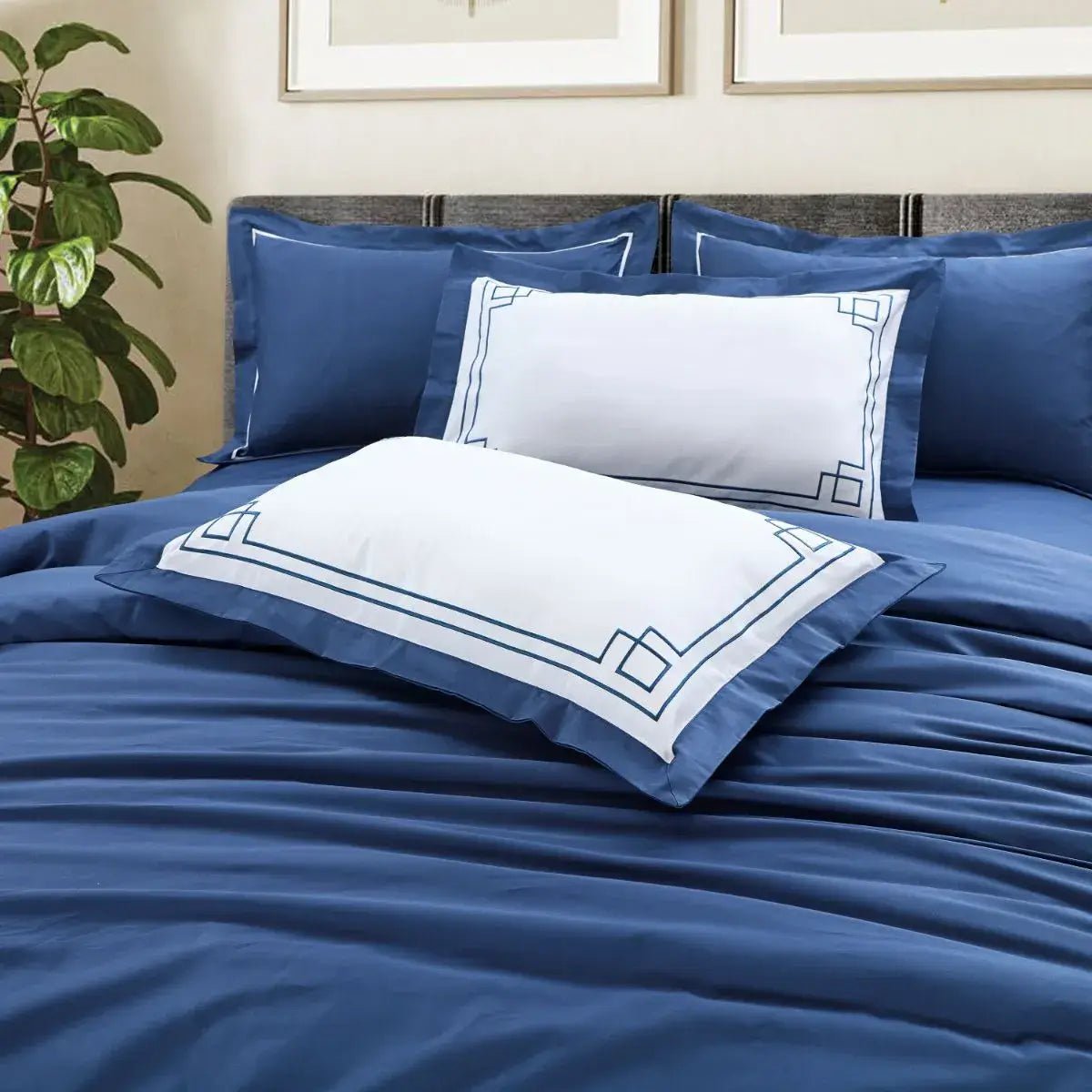Malako Grace Embroidery Cobalt Blue Solid King Size 100% Cotton Bedsheet With 4 Pillow Covers - MALAKO