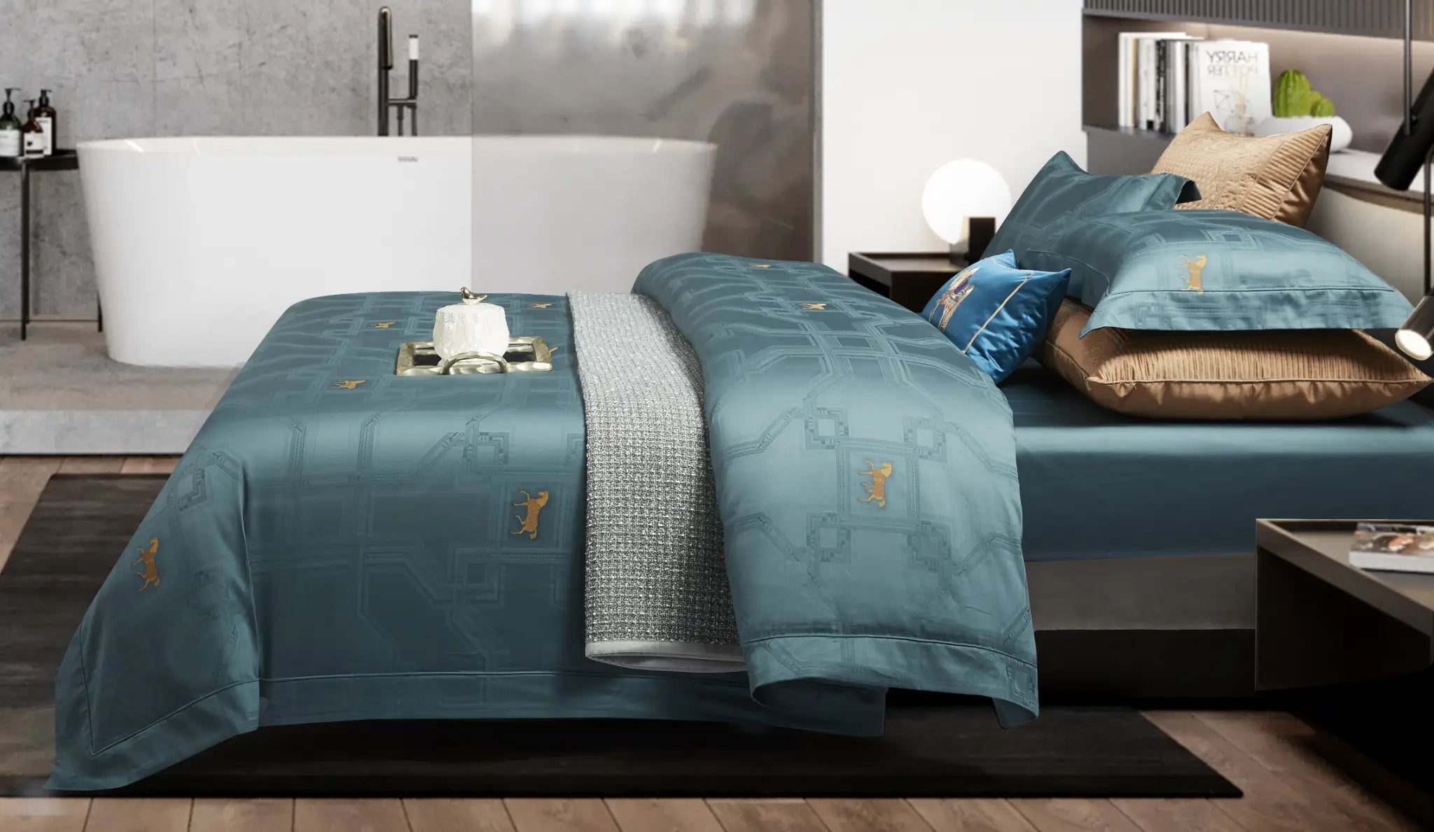 Malako Italian Opulence 800 TC Turquoise Jacquard Super King Size 100% Egyptian Cotton Bed Sheet/Duvet Cover - MALAKO