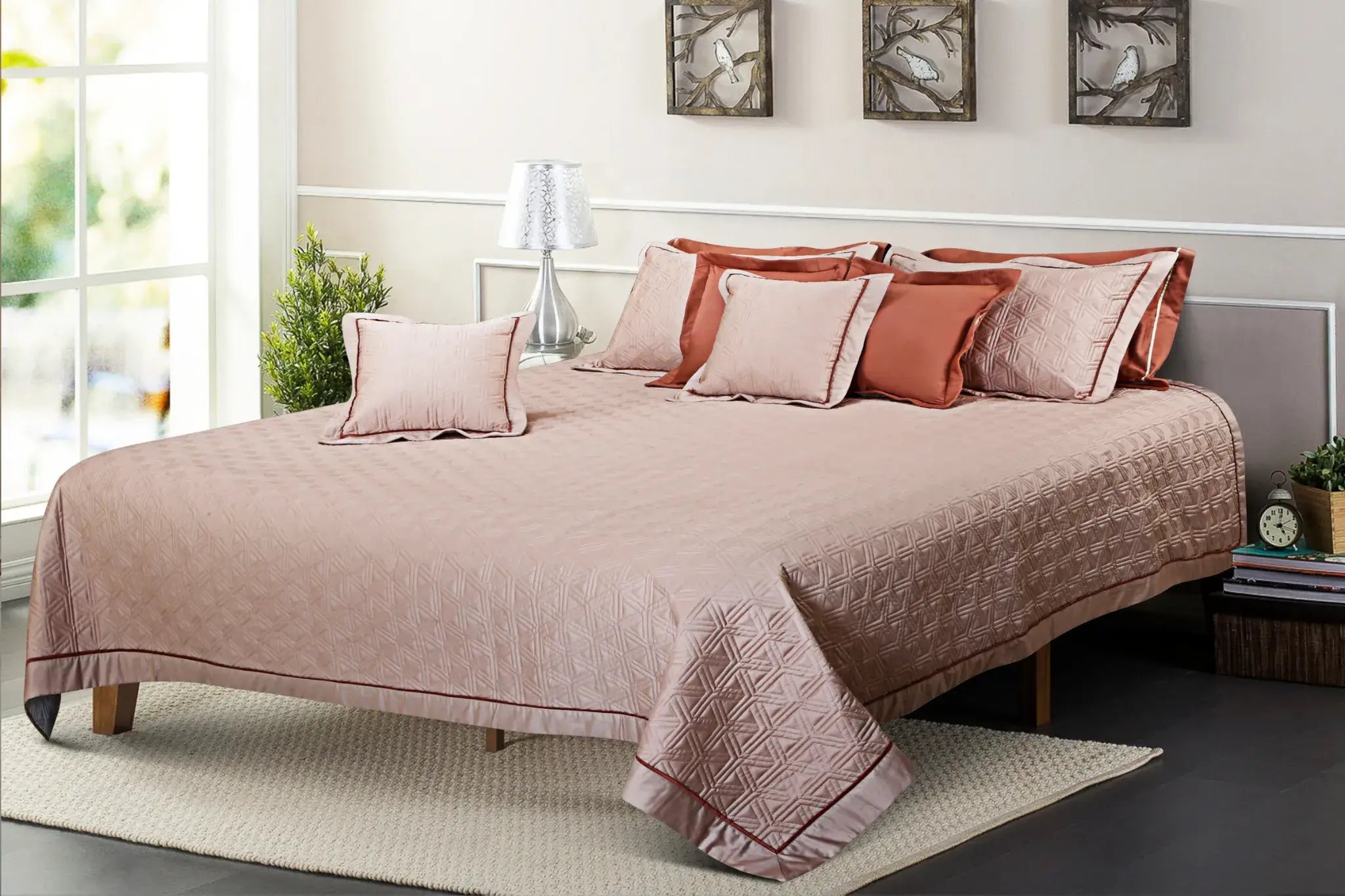 Malako Kairo 500 TC Almond Beige Solid King Size 100% Cotton Quilted Bed Cover Set - MALAKO