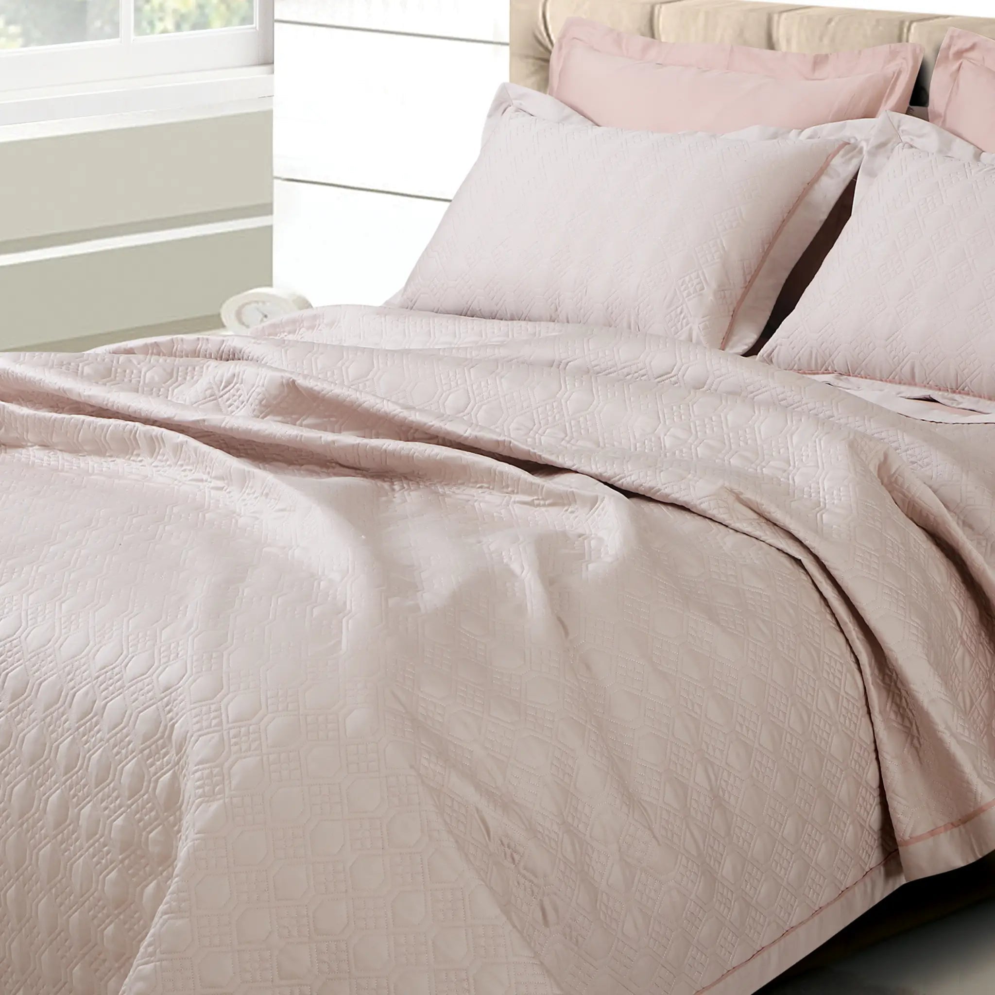 Malako Kairo 500 TC Almond Beige/Peach Solid King Size 100% Cotton Quilted Bed Cover/Embroidered Bed Sheet Set - MALAKO
