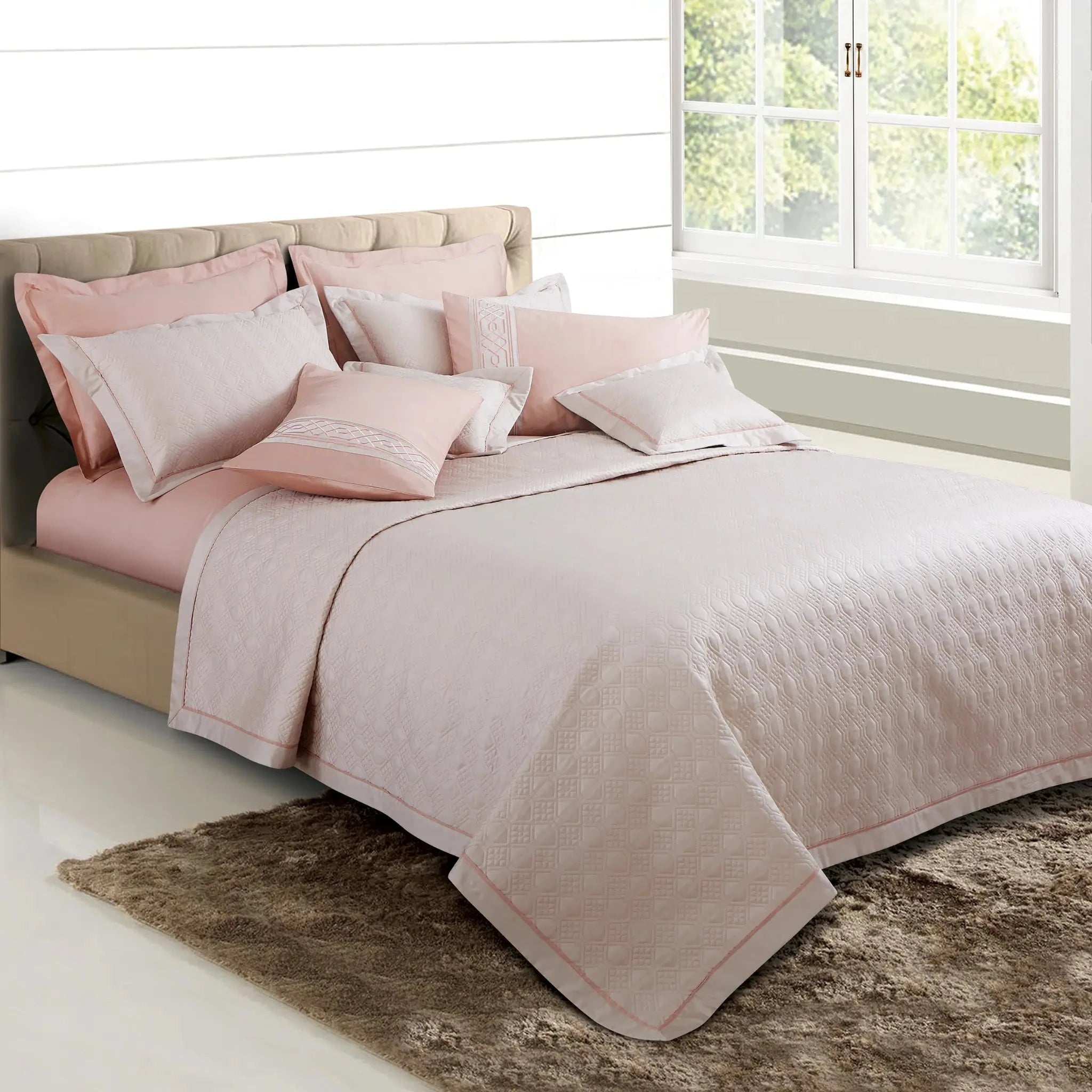 Malako Kairo 500 TC Almond Beige/Peach Solid King Size 100% Cotton Quilted Bed Cover/Embroidered Bed Sheet Set - MALAKO