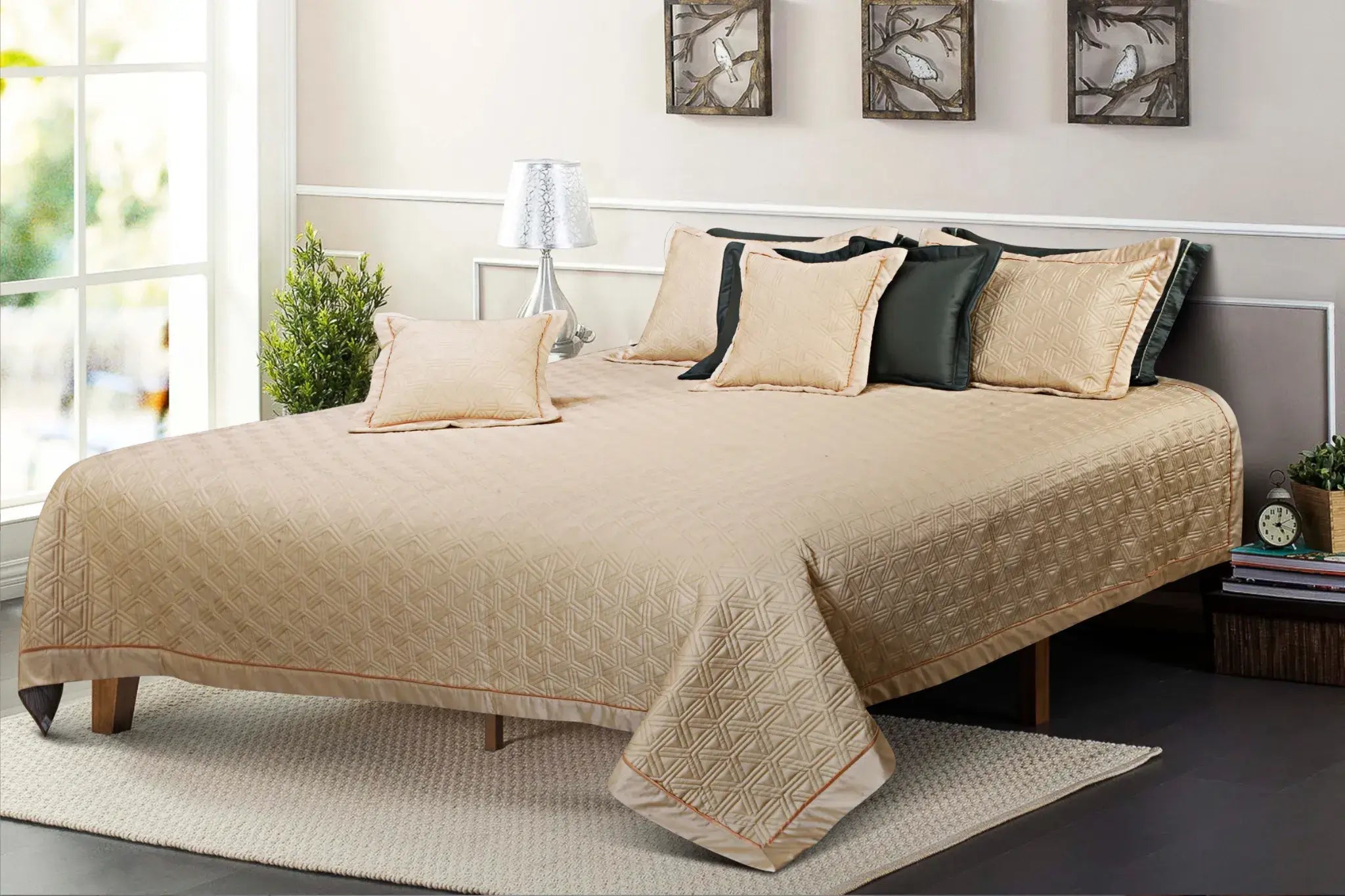 Malako Kairo 500 TC Beige Solid King Size 100% Cotton Quilted Bed Cover Set - MALAKO