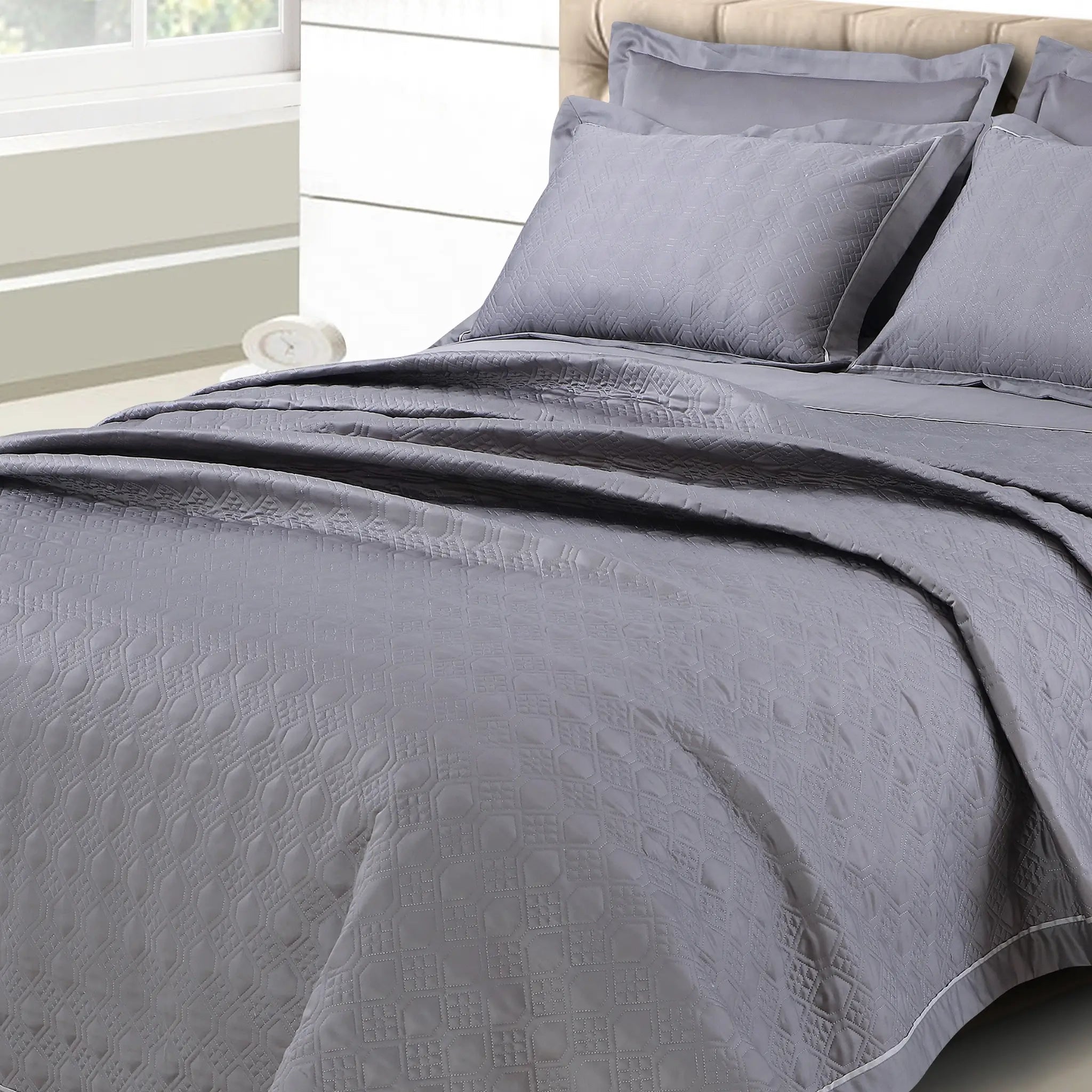 Malako Kairo 500 TC Grey Solid King Size 100% Cotton Quilted Bed Cover/Embroidered Bed Sheet Set - MALAKO