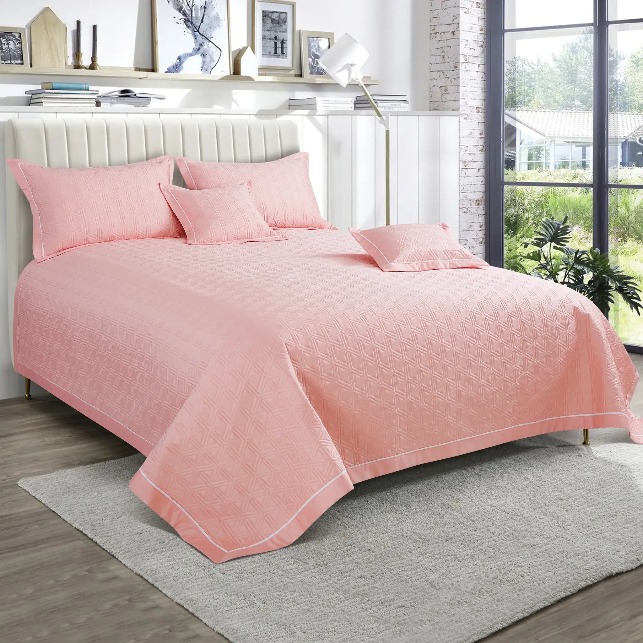 Malako Kairo 500 TC Peach Solid King Size 100% Cotton Quilted Bed Cover Set - MALAKO